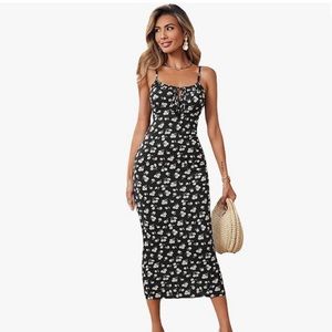 Floral Print Drawstring Front Sleeveless Cami Midi Dress